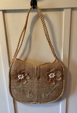 Vintage Raffia Straw Woven Purse Bag Tote Flowers Seashells Beach Bag