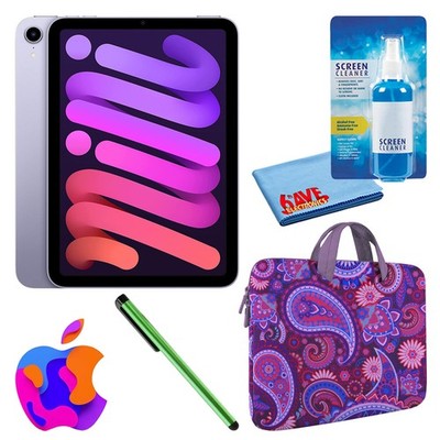 Apple iPad Mini 6 (64GB, Cellular, Purple) Bundle with Purple Paisley Sleeve