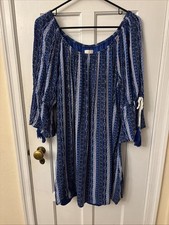 Women’s Charming Charlie Scoop Neck Lined Bohemian Blue Geometric Shift Dress  L