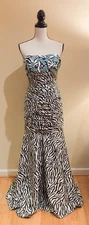 Camille La Vie Zebra Print Strapless Beaded Ruched Formal Evening Gown Dress, 4