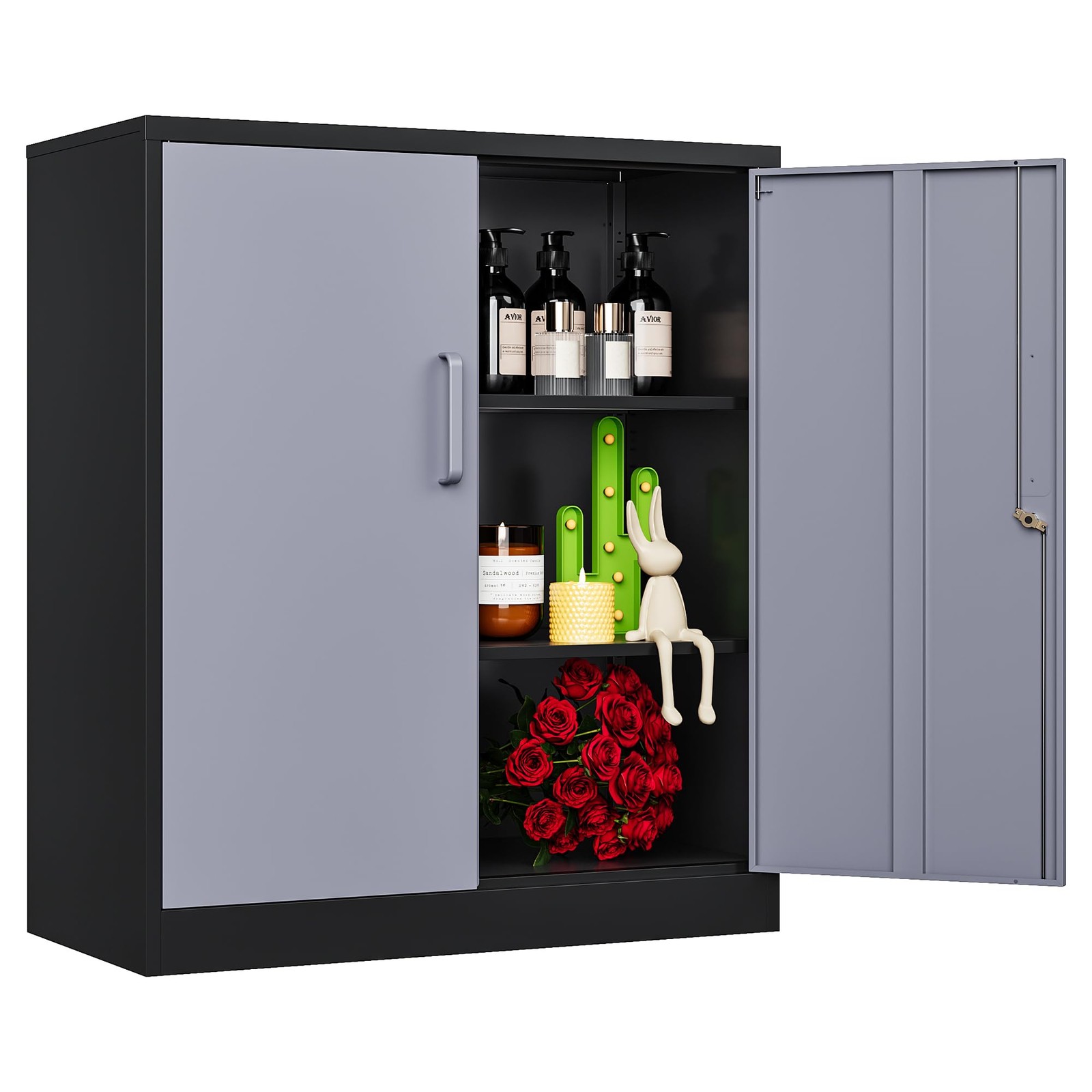36 Metal Storage Cabinet 2 Door Lockable Adjustable Shelves Black Grey Garage