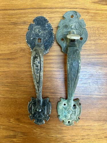 PAIR OF Antique Bronze/Brass Door Pull Handles Unrestored Patina 12” 1~w/thumb - Picture 18 of 22