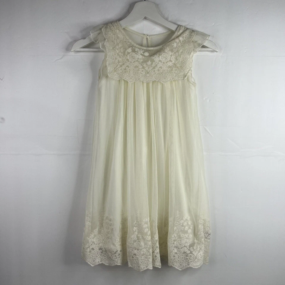 Laura Ashley Girls Size 6 Dress Ivory Embroidered Overlay Midi Short Cap Sleeve - Image 2 of 4