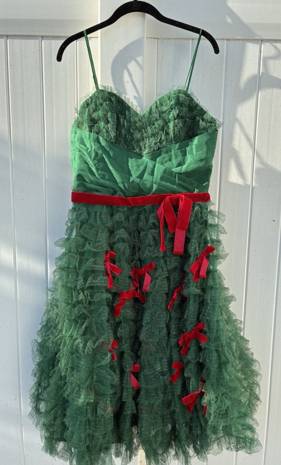 Unique Vintage Women’s Tulle Bow Ruffle Swing Dress Sweetheart Green Red Sz L