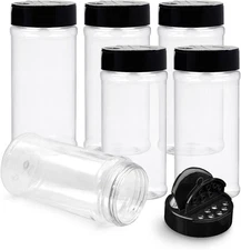 6 Pack 16 Oz Plastic Spice Jars with Black Cap, Clear and Safe Plastic Bottle Co