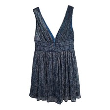 Lulus Womens Small Smokeshow Blue Metallic Pleated Plunging V-Neck Mini Dress