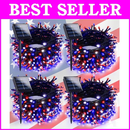 Patriotic 132FT Solar String Lights - Red, White & Blue LED Decor for Outdoors