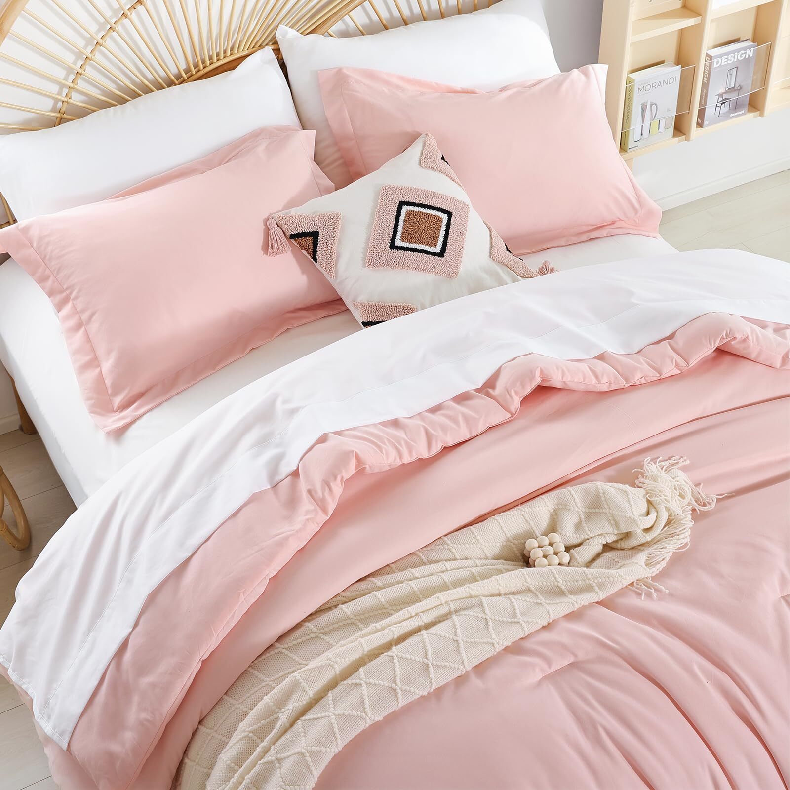 Queen Comforter Set Boho Bed Comforter Set 7PC Blush Comforter Queen Size Sof...