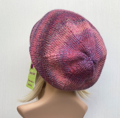 KOALA KNIT HAND KNITTED SIZE L LADIES AUST WOOL PINK PURPLE SLOUCHY BEANIE HAT - Picture 5 of 6