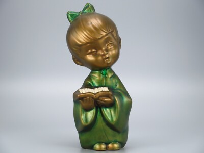 Choir Girl Caroler Figurine Ceramic Vintage Mold Gold Green Christmas Singer 9''