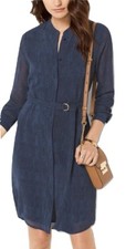Michael Kors Printed Chiffon Belted Shirt Dress Shirtdress Blue Indigo XS Nwt