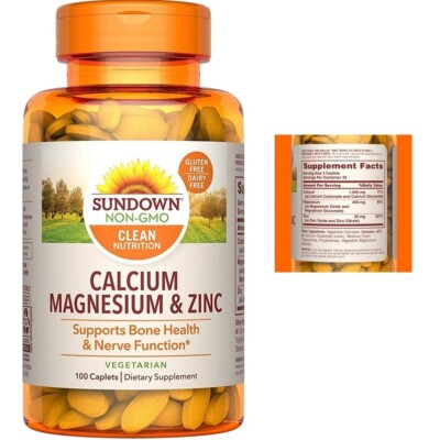 Sundown Calcium Magnesium Zinc Supports Bone Health Nerve Function 100 Caplets