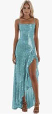 Sparkly Sequin Prom Dress Long W/slit, Spaghetti Straps Turquoise Size 4