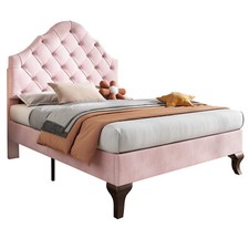 3FT Single Size Bed Velvet Upholstered Bed with Slatted frame Headboard Pink