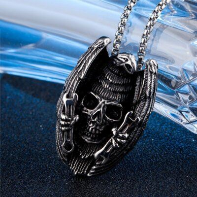 #ad MENDEL Mens Stainless Steel Motorcycle Biker Eagle Wrench Skull Pendant Necklace $13.99