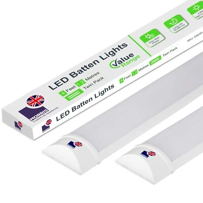 LED Batten Light 4ft Office Ceiling Strip Light 6500k Morris Value Pack of 2