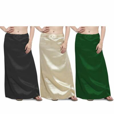 3XSatin Seide Damen Petticoat Indischer Sari Unterrock Beige Schwarz Grün Set...