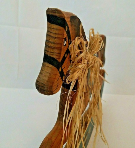 Handmade Wooden Painted Rocking Horse Wall Hanging Decoration 17" Long Straw Bow - Picture 10 of 11