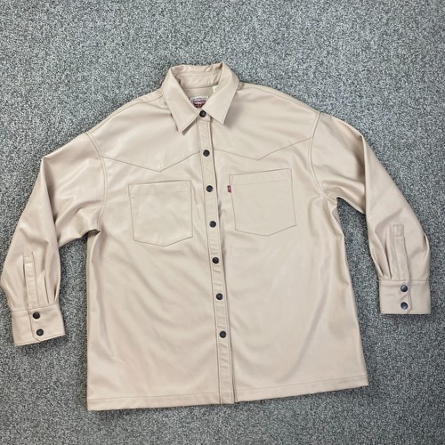 Levis Jacket Mens Small Beige Western Shirt Shacket Faux Leather Snap Button - Picture 2 of 16