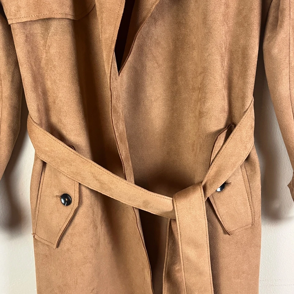 Abrigo Tahari Mujer Imitación Cuero Tendencia Largo Talla XS Cinturón Delantero Abierto Marrón Invierno Foto 3 de 4