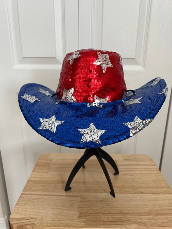 SOMBRERO VAQUERO ROJO BLANCO AZUL LENTEJUELAS PATRIÓTICAS, BANDERA AMERICANA POLÍTICA, 4 DE JULIO Foto 3 de 4