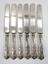  6 ANTIQUE DOMINICK & HAFF STERLING SILVER HANDLED KINGS PATTERN DESSERT KNIVES