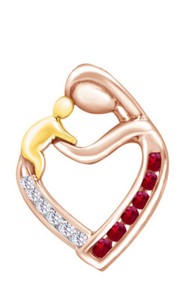 Authentic Red Round Ruby & Simulated Diamond Mother & Child Pendant 14K Rose Gold Plated