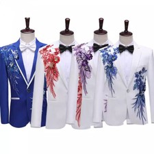 Men Sequin Flower Rhinestone Coat Jacket Suit Blazer Lapel Wedding Party New