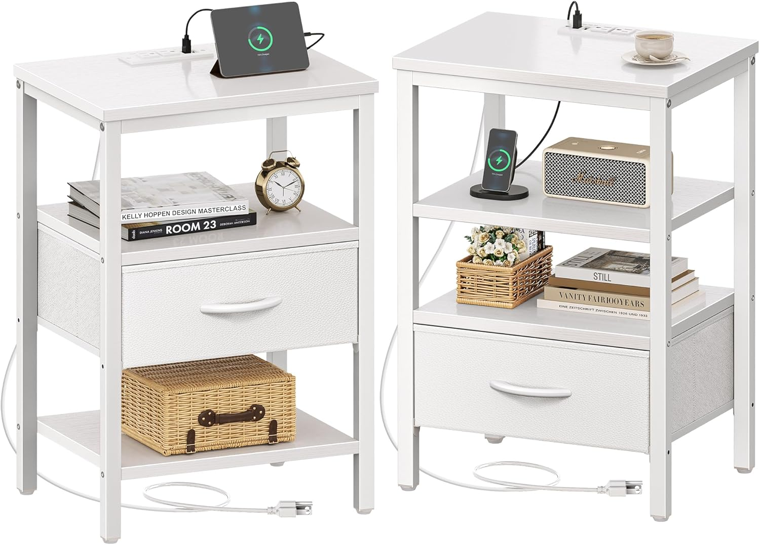 Nightstand Set of 2, Bed Side Tables with Charging Station, Adjustable Fabric Dr