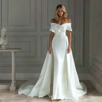 Off Shoulder Satin Mermaid Wedding Dress Detachable Overskirt Bridal Train Gown