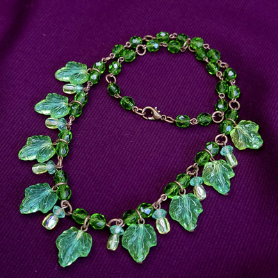 Vaseline Uranium Glass Necklace 17'' Vintage Glass Czech Beads Art Deco Style