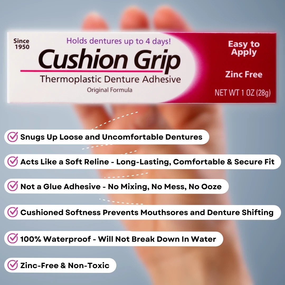 Cushion Grip Thermoplastic Denture Adhesive 1oz–Extra Strong Hold Up to 4 Days,