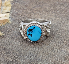 New Mexico Artisan Made Navajo Turquoise Scroll Ring Vintage Sterling Silver 925