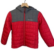 Columbia Kids Powder Lite Hooded Winter Jacket Grey Red Puffer Sz S / 8 Kids