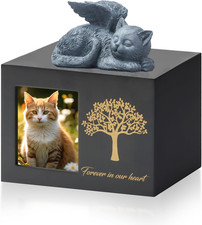 Cat Urns for Ashes, Tree Pattern Wooden Keepsake with Photo Frame, Pet Urn Memor
