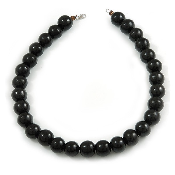 Chunky Black Wood Bead Necklace - 60cm L