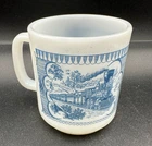 Vintage Currier And Ives Milk Glass Coffee Mug White Blue Train D Handle 3.5"H