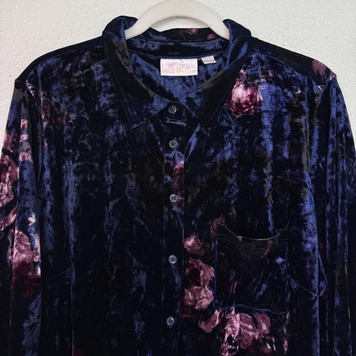 Belle by Kim Gravel Top Damen XL Samt dunkel geblümt stimmungsvolle Tunika Bluse blau - Bild 4 von 11