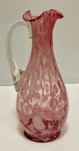 RARE Fenton Glass Opalescent Cranberry Coin Dot Pitcher Pre Logo Ruffled Top