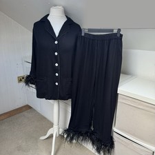 Sleeper Party Pyjama Set Size S Black Ostrich Feather Trim Shirt & Trousers