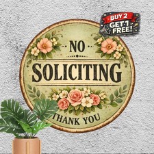 Polite No Soliciting Warning Round Metal Sign Front Door Porch Wall Plaque 8x8
