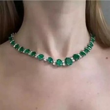 16CT Oval Cut Lab Created Emerald Women's Tennis Necklace 14K White Gold Finish