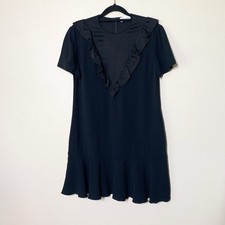 Red Valentino Ruffle Shift Mini Dress 38 US 2 Black Crepe Satin Neckline Pockets