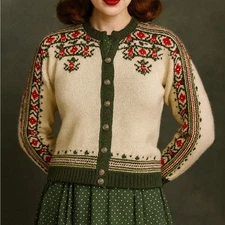 Handmade Vintage Nordic Floral Cardigan Cream Knit Scandinavian Winter Sweater