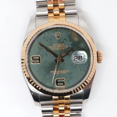 2010s Rolex 116233 Datejust 36mm Green Floral Dial Steel 18K Yellow Gold Watch