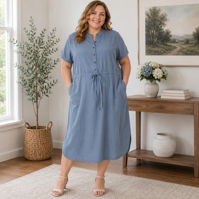 Lands' End Midi Dress Button Front Tie Waist Pockets Blue Short Sleeve Womens 1X