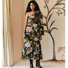 NWOT Farm Rio Black Surreal Flowers One-Shoulder Maxi Dress XS