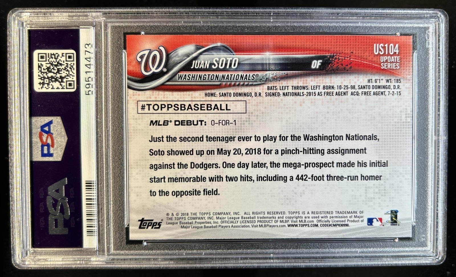 2018 Topps Update Juan Soto RC Rookie #US104 Nationals PSA 10 GEM MINT view 2