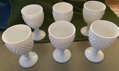 Set of 6 Vintage Fenton Hobnail Milk Glass Goblets