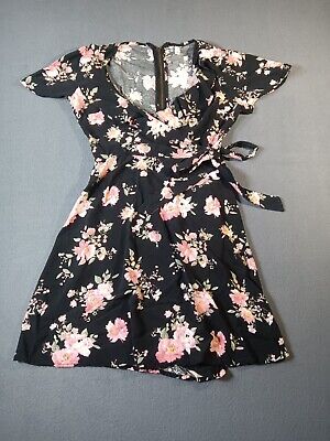Xhilaration Women's Black And Pink Floral Dress With Tie Belt, Size